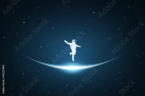 Astronaut in space. Flying cosmonaut silhouette. Glowing outline
