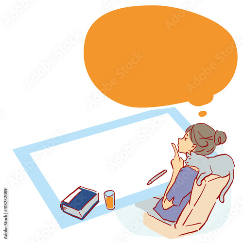 机に向かって考えにふける横向きの女性と猫のベクターイラスト