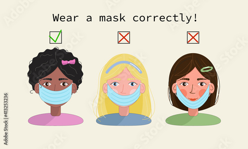 Cute cartoon vector correct wearing medical masks, 3 girls illustrate
how to properly and incorrectly wear medical masks on the face