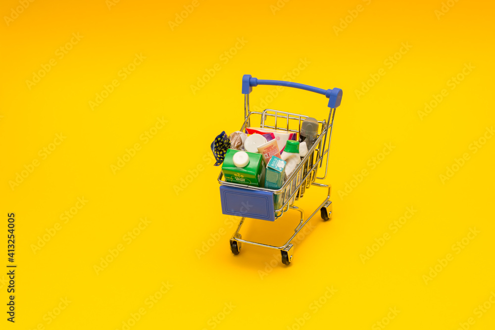 shopping cart, toy shopping cart with groceries, Russia, St. Petersburg, 11 February 2021