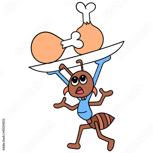 Small ant insects carrying a plate of chicken thighs stagger, doodle icon image kawaii