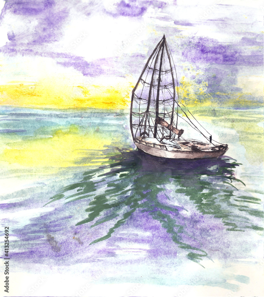 watercolour illustration. Sea with a ship
