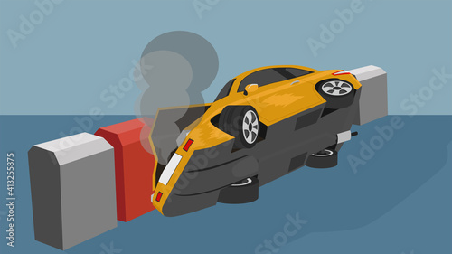 Yellow car accident flipped sideways Hit the barrier on the side of the road. The bonnet was opened and a cloud of smoke came out.