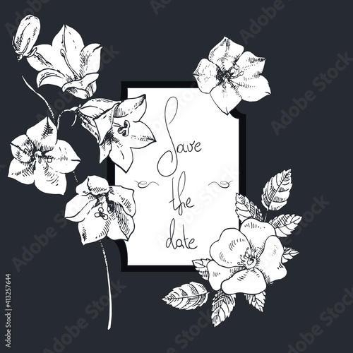Hand drawn vector wedding Invitation, save the date, thank you, rsvp card. Design template. Bellflower, bluebell, campanula, hip rose