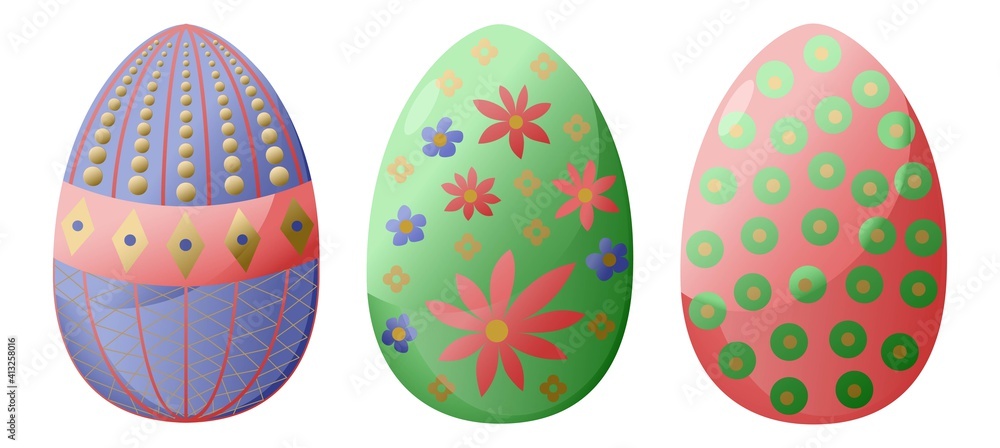 Set of three vector decorated easter eggs isolated on white background. Red, blue and green eggs with floral and geometric pattern Set of three vector decorated easter eggs isolated on white background. Red, blue and green eggs with floral and geometric pattern