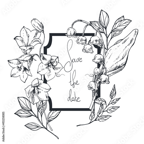 Hand drawn vector wedding Invitation, save the date, thank you, rsvp card. Design template. Bellflower, bluebell, campanula, lily of the valley