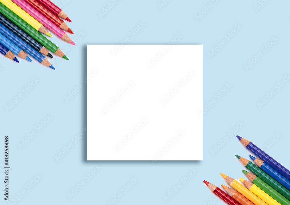 Fototapeta premium Square invitation card layout with colored pencils