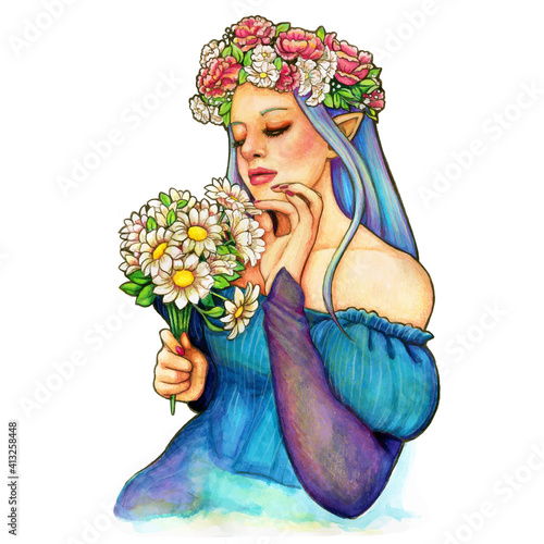 Colorful watercolor illustration of an elvish maiden with daisies bouquet and peony crown