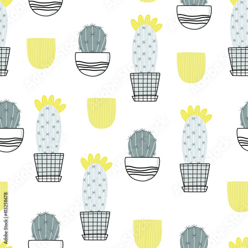 Stylish Spring seamless pattern with cactus flowers and flower pots in pantone 2021 colors. Vector Easter pattern in Illuminating and Ultimate Gray trendy colors.