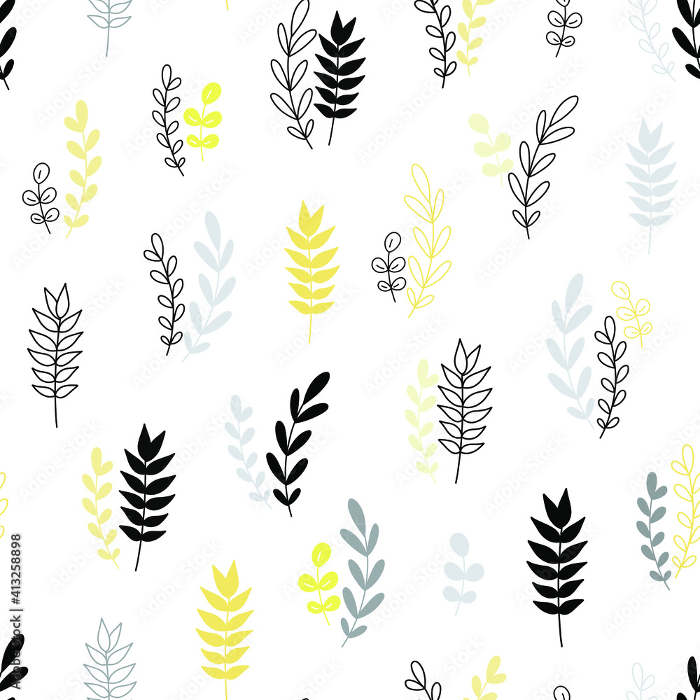  Stylish Spring seamless pattern with yellow branches and grey leaves in pantone 2021 colors. Vector Easter pattern in and Ultimate Gray trendy colors.