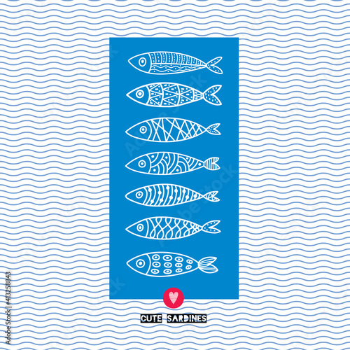 Cute fish card. Around motif with sardines.