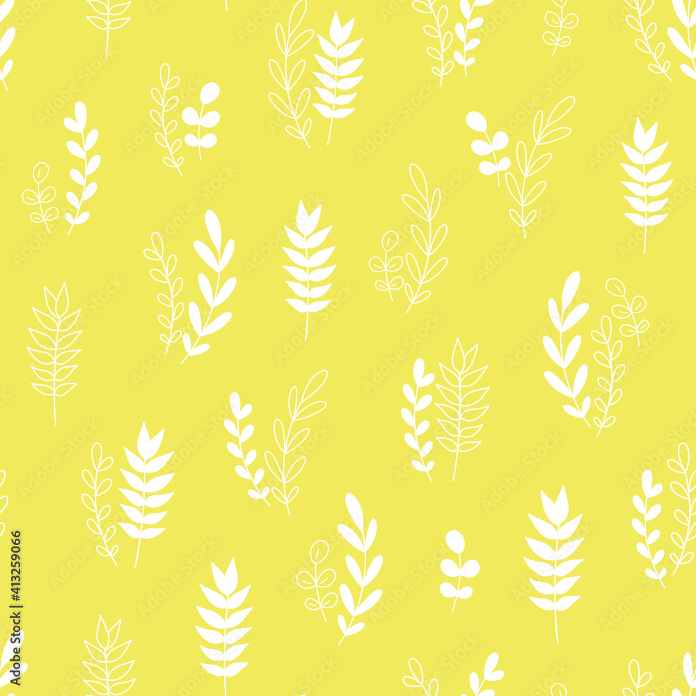 Stylish Spring seamless pattern with yellow flowers and leaves in pantone 2021 colors. Vector Easter pattern in Illuminating trendy colors.