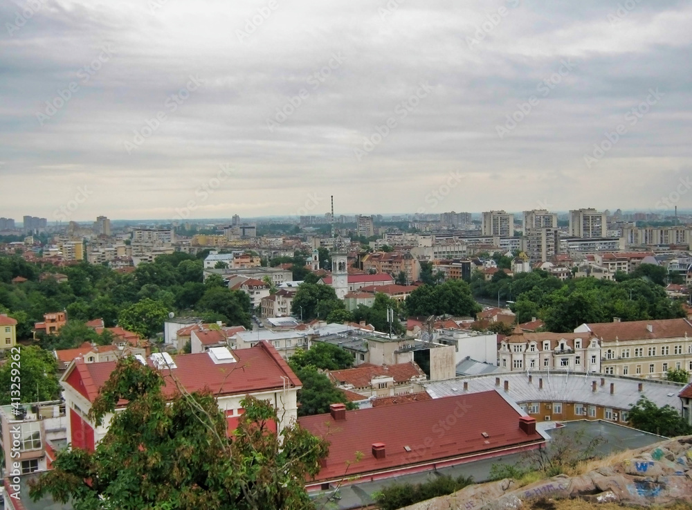 Panorama of the city of Plovdiv. Historic center, hills and houses. Balkans. Bulgaria. Europe	