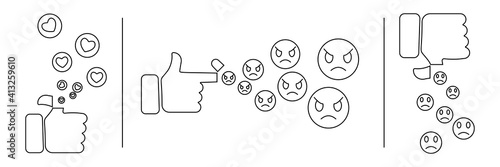 Happy and sad emoji faces or hand line art vector icon for apps and websites. Like and dislike orijinal emoji set