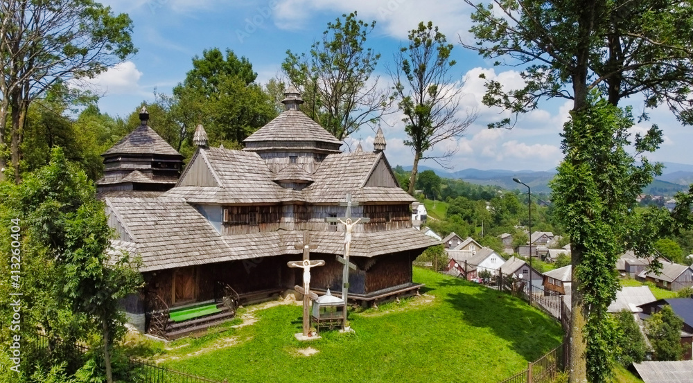 Ascension of Our Lord Church. Wooden Christian church in the mountains. Yasinia. Carpathians. Ukraine. Europe Ascension of Our Lord Church. Wooden Christian church in the mountains. Yasinia. Carpathians. Ukraine. Europe