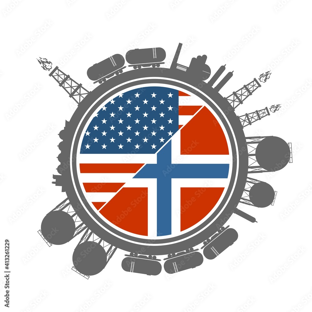 Fototapeta premium Icons located around circle. Business communication concept in industrial design. USA and Norway business cooperation. National flags. Energy generation and heavy industry.