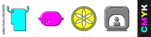 Set Towel on a hanger, Lemon, Leaf plant nature and Aroma lamp icon. Vector.