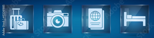 Set Suitcase, Photo camera, Passport and Bed. Square glass panels. Vector.
