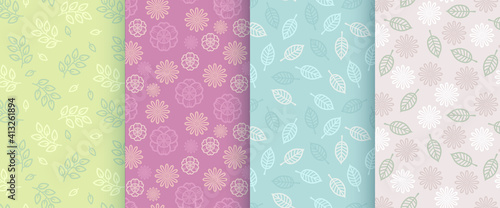 Set of botanical backgrounds with leaves and flowers. Collection of floral seamless patterns. Vector flat illustration.