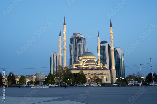 Evening panorama of the central square of Grozny, Chehen Republic. Famous mosqe The heart of Chechnya and skyscrapers