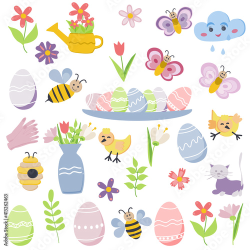 Fototapeta Naklejka Na Ścianę i Meble -  Spring time and easter collection of cute elements on white background. egg, bee, cloud, bird, flower Perfect for cards, stickers