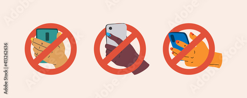 Prohibition to use a mobile phone. Hand holding a smartphone in a crossed out circle. No phone. Digital detox.