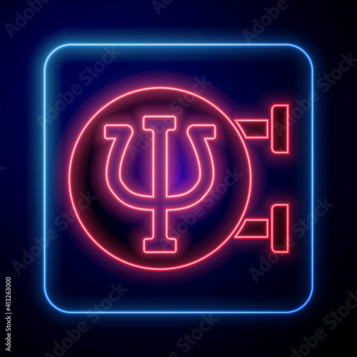 Glowing neon Psychology icon isolated on blue background. Psi symbol. Mental health concept, psychoanalysis analysis and psychotherapy. Vector.