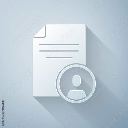 Paper cut Resume icon isolated on grey background. CV application. Searching professional staff. Analyzing personnel resume. Paper art style. Vector.