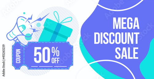 Banner template, Discount, coupon for sale of 50 percent. With a gift and a gramophone. Element for banner, flyer, and discount coupons for your business