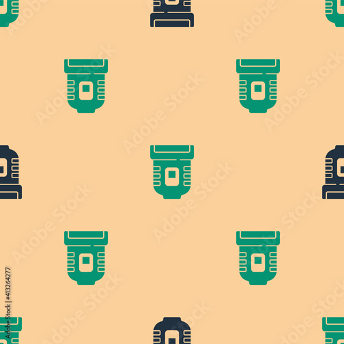 Green and black Epilator icon isolated seamless pattern on beige background. Depilation by electric razor. Hair removal on the body. Vector.