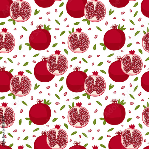 Seamless pattern with pomegranate fruit on a white background. Organic, eco. Drawn by hands. Healthy natural food, vitamins. It can be used for printing on textiles, wallpapers.