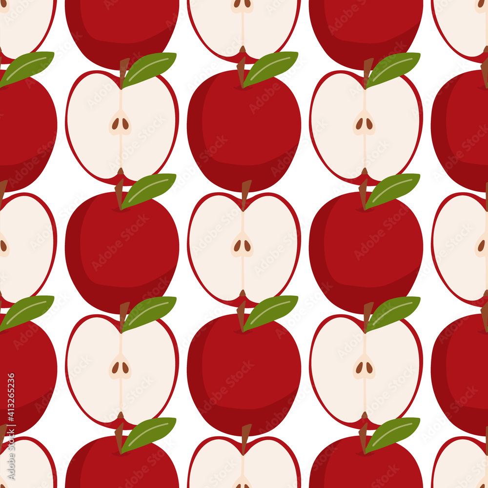 Seamless pattern with apples fruit on a white background. Healthy natural food, vitamins. Organic, eco. Drawn by hands. It can be used for printing on textiles, wallpapers. Seamless pattern with apples fruit on a white background. Healthy natural food, vitamins. Organic, eco. Drawn by hands. It can be used for printing on textiles, wallpapers.