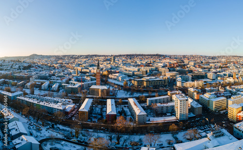 City aerial view of Pforzheim (Baden-Württemberg, Germany) during winter.