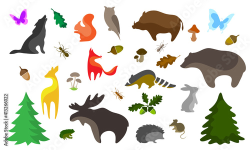 Set of colored stylized silhouettes of forest animals.