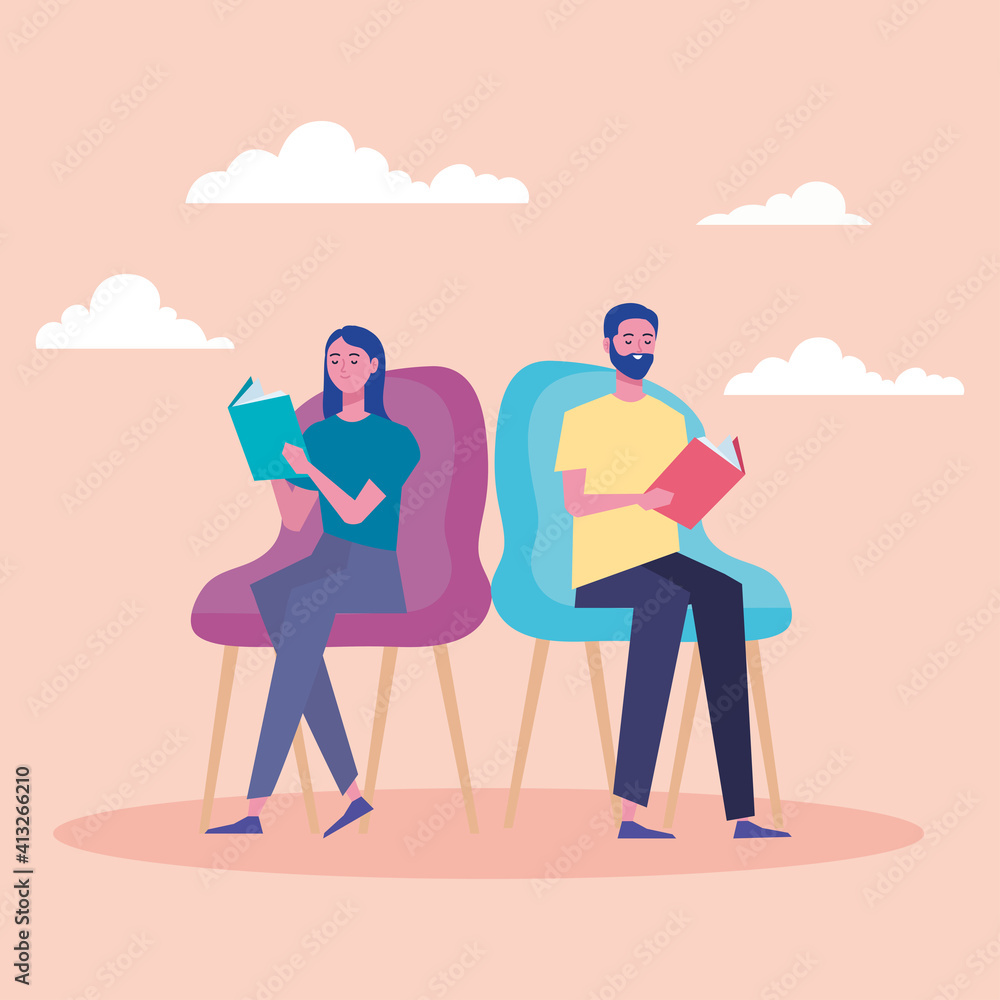 couple readers reading books seated in chair characters vector illustration design couple readers reading books seated in chair characters vector illustration design