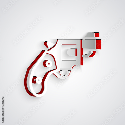 Paper cut Small gun revolver icon isolated on grey background. Pocket pistol for self-defense. Ladies revolver. Spy Weapon. Paper art style. Vector.