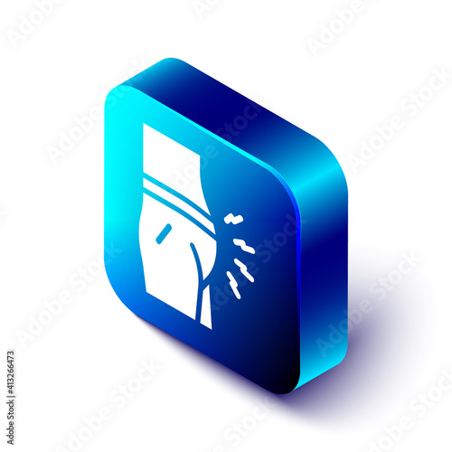 Isometric Abdominal bloating icon isolated on white background. Constipation or diarrhea. Blue square button. Vector.
