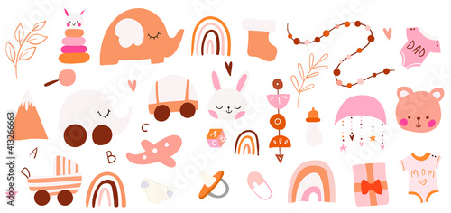 Vector hand drawn boho clipart for nursery decoration with cute rainbows and moon, sun, cloud, dream catcher  Doodle modern illustration 