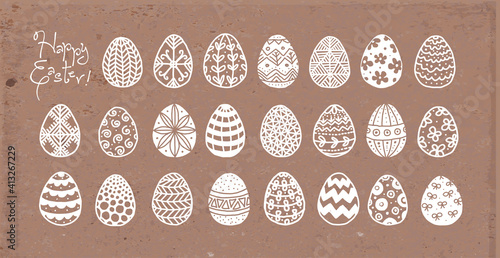 Collection of cute doodle eggs on brown parcel paper background.