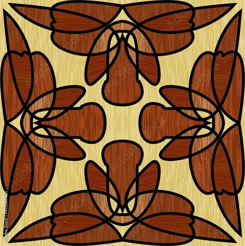 Wooden inlay, ornament made of multicolored wood. square tile. Interior decorative element, furniture decoration, parquet flooring. Vector design