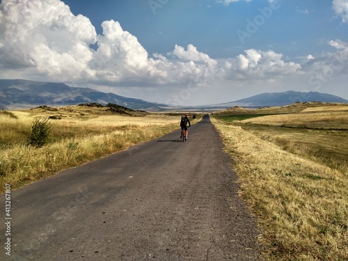 Golden grass cycling on an asphalted road