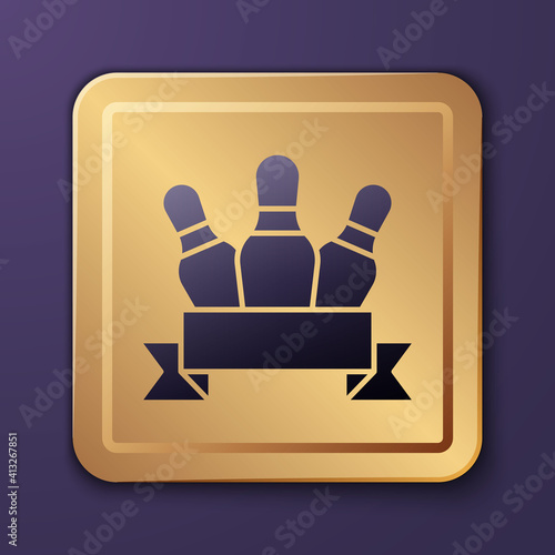 Purple Bowling pin icon isolated on purple background. Gold square button. Vector.