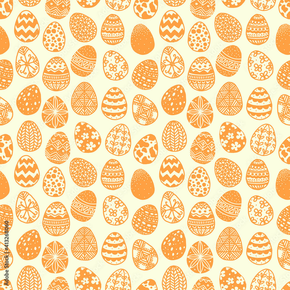 Seamless pattern with orange doodle easter eggs on yellow background. Can be used for wallpaper, pattern fills, textile, web page background, surface textures.