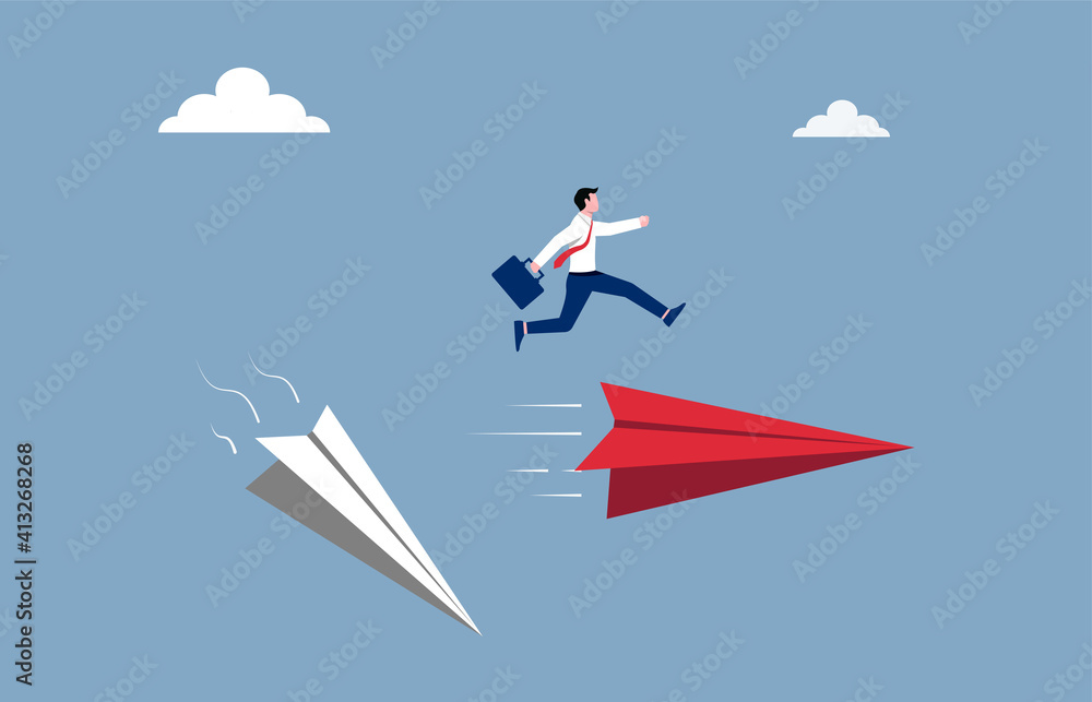 Business and career path concept. Businessman jump over the new paper plane illustration. Business and career path concept. Businessman jump over the new paper plane illustration.