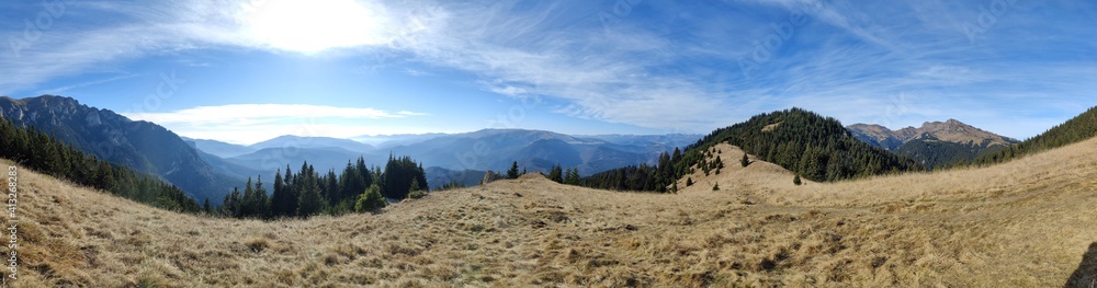 Panoramic view of the mountains in autumn