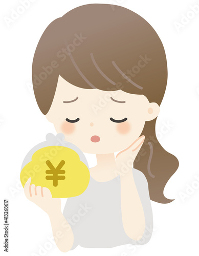 財布を持った女性のイラスト（かわいい・主線なし・不安）