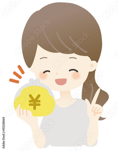 財布を持った女性のイラスト（かわいい・主線なし・にこにこ）