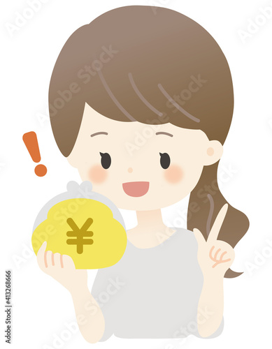 財布を持った女性のイラスト（かわいい・主線なし・ひらめき）