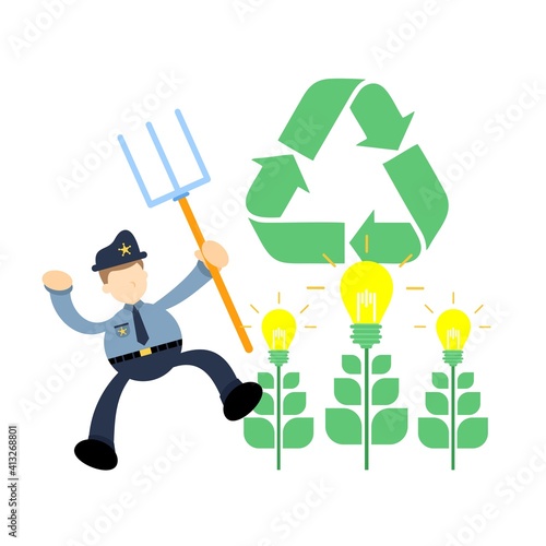 police officer and healthy nature light recycle cartoon doodle flat design style vector illustration