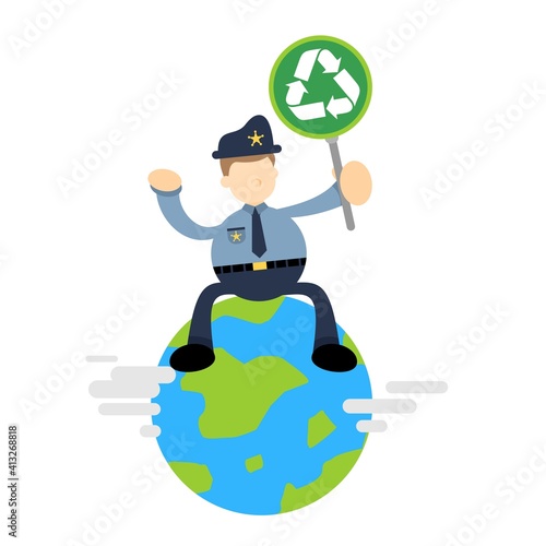 police officer and healthy world recycle cartoon doodle flat design style vector illustration
